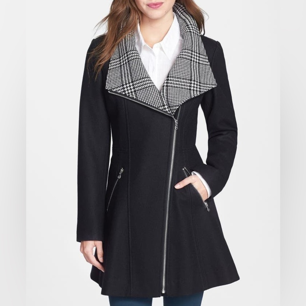 GUESS Glen Plaid Detail Skirt Wool Blend Coat